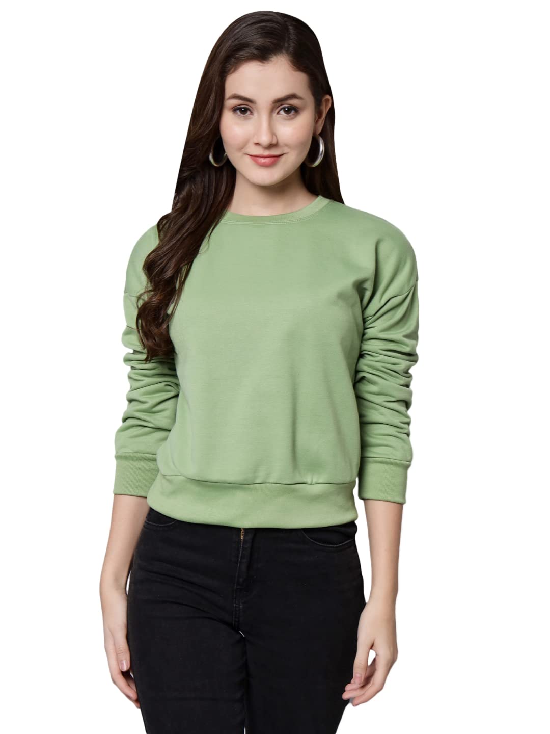 Women Fleece Full Sleeve Solid Crop Crew Neck Sweatshirt