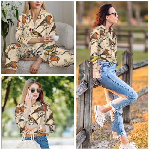 Image of Women'S Long Sleeve Pajama Set Soft Loungewear Button-Down Top & Elastic Waist Pants S- 2XL