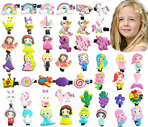 50PCS Hair Clips for Girls,No Slip Metal Snap Hair Clips Barrettes for Teens Women Kids, Cute Candy Color Cartoon Design Hair Pins (Animals unicorn mermaid Fruits Princess)
