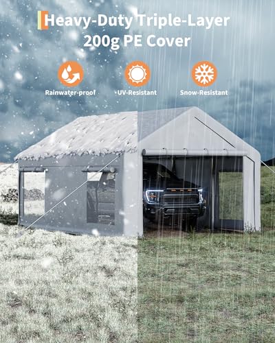10x20 Ft Carport, Car Port with 200g PE Tarp, Roll-Up Doors, and 4 Windows, for Sedans, Bass Boats, Motos, ATVs, and SUVs, White