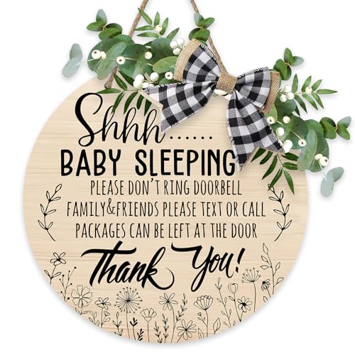 Image of Deroro Shhh Baby Sleeping Front Door Sign, Please Don't Ring Doorbell Wood Plaque Hanger Nursery Kids Infant Children Bedroom Decor, Farmhouse Wooden Wreath with Plaid Bow Wall Hanging Decoration