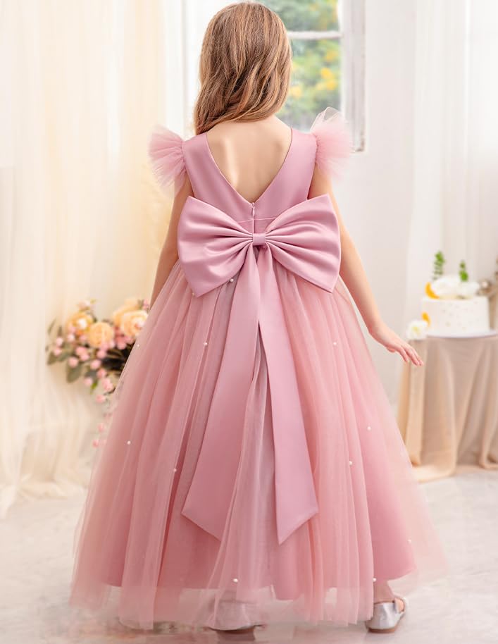 V-Back Satin Flower Girl Dress Kids Puffy Tulle Formal Dresses d Princess Pageant Dress Embellished with Pearls3