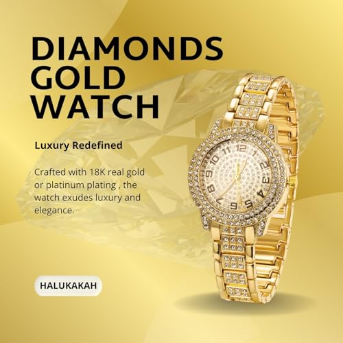 Image of Halukakah Diamonds Watch Iced Out for Boy Teens Kids - 18K Real Gold /Platinum Plated,Arabic Numerals Round Dial,Japanese Quartz - 7.7 inch Length - Optional with Cuban Link Chain - for Birthday,Parties