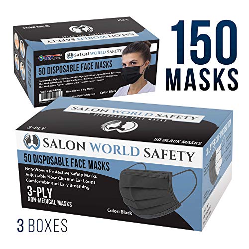 Tcp Global Salon World Safety - Black Face Masks 3 Boxes (150 Masks) Breathable Disposable 3-Ply Protective Ppe With Nose Clip And Ear Loops #TOP4