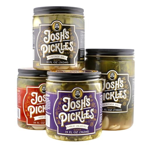 Joshs Pickles Variety Starter Pack (4 Jars) Fresh & Crunchy Refrigerated Pickles Heritage Dill Whole Heritage Slices Hot Dill Slices Pickled Jalapeo Slices