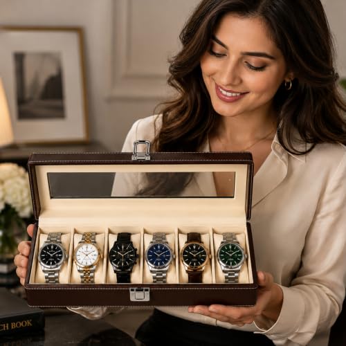 Image of ZAFCO 6 Slot Watch Box Organizer for Men & Women, Premium PU Leather Watch Display Case, Lockable, Portable Watch Storage Box for Watches, Jewelry & Gifts 1 Unit(Brown)