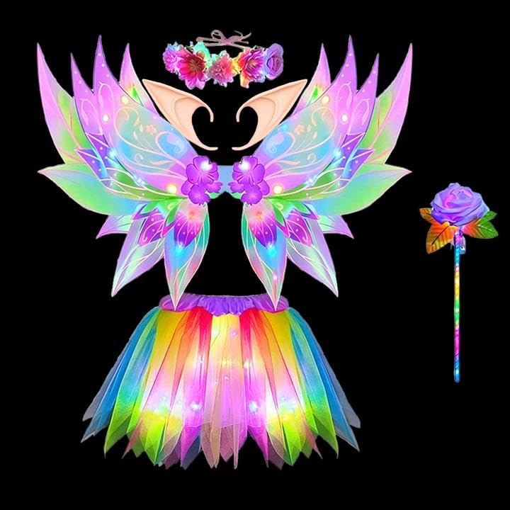 Light Up Fairy Costume for Girls, Kids Glowing Fairy Costume with Fairy Wings, LED Tutu Skirt, Fairy Wand, Flower Wreath and Elf Ears, Children Birthday Halloween Christmas Carnival Fairy Dress
