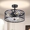 Shes home 15in Small Black Caged Ceiling Fans with Lights Modern Industrial Ceiling Fan with Remote Control Semi Flush Mount Ceiling Fan for Kitchen Bedroom
