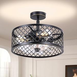 Shes home 15in Small Black Caged Ceiling Fans with Lights Modern Industrial Ceiling Fan with Remote Control Semi Flush Mount Ceiling Fan for Kitchen Bedroom