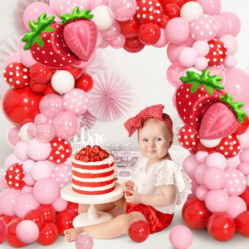 Image of Ouddy Life 171pcs Strawberry Balloons Garland Arch Kit Berry Party Supplies | Red Pink Polka Dot White Strawberry Foil Balloon for Sweet One Girl Baby Shower Berry First Fruit Themed Birthday Supplies