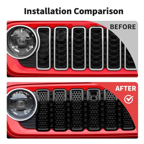Image of JWWY for Jeep Front Grille Mesh Inserts Cover Trim Compatible with 2024 Jeep Wrangler JL JLU & Gladiator JT 4xe Exterior Accessories ABS 7pcs with Mesh Black(with Camera) Black