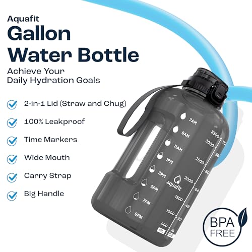 Image of AQUAFIT 1 Gallon Water Bottle with Time Marker - Straw & Chug Lid - BPA Free Gym Water Bottle with Straw - Big Gallon Jug (Gray, 128 oz - 2in1 Lid)