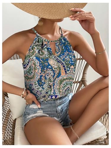 Image of RoseSeek Women's Boho Paisley Print Halter Tops Cut Out Going Out Tops
