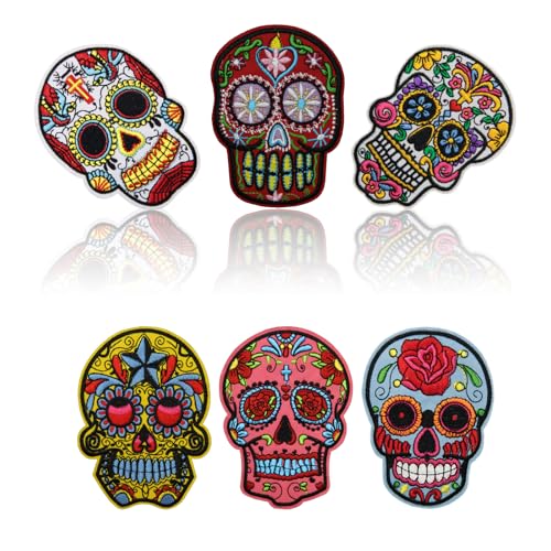 HEYTRCO 6PCS Sugar Skull Iron on Patches, Calavera Embroidered Repair Patches for Clothes, Custom Vintage Day of The Dead Applique for Hats, Jeans, Jackets, Bags, Backpacks, Dress