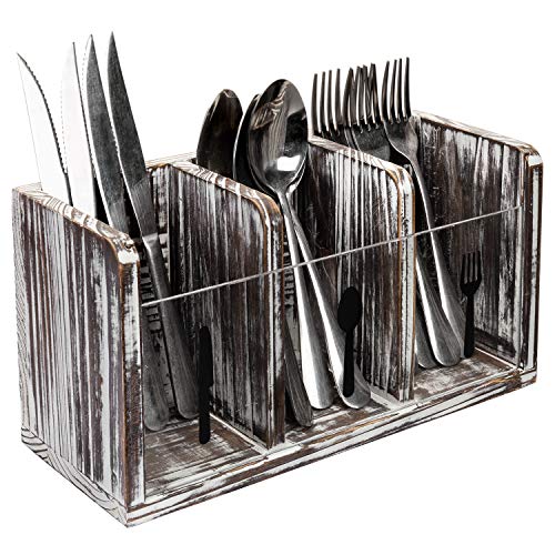 MyGift 3 Slot Rustic Torched Wood Dining Utensils Holder Flatware Caddy Organizer Box with Clear Acrylic Fork Spoon and Knife Labels