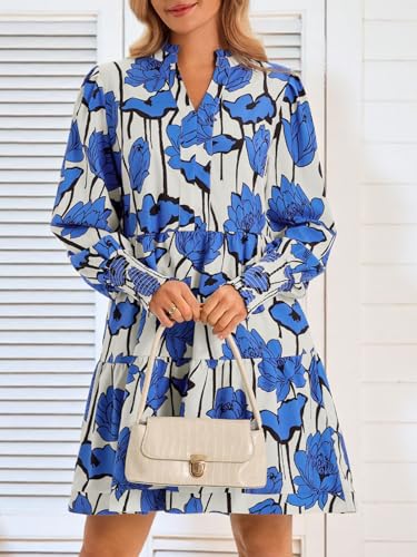 Image of Imily Bela Womens Fall Long Sleeve Tunic Dress Casual V Neck Tiered Dress | Loose,Swing,A-Line,Ruffled Collar,Puff Balloon Sleeve,Smocked Elastic Cuffs,Tiered Layered Ruffle Hem,Babydoll,Loose,Mini