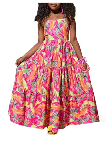Girl's Cute Floral Cami Dress Tropics Hawaiian Boho Flowy Long Maxi Dresses Bow Back A Line Beach Summer Sundress