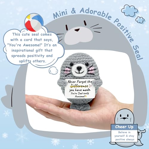 Birthday Gifts for Women Men - Emotional Support Crochet Seal with Positive Card, Inspirational Animal Companion for Coworkers Friends Mom Dad, Cute Desk Decor for Christmas Graduation Anniversary