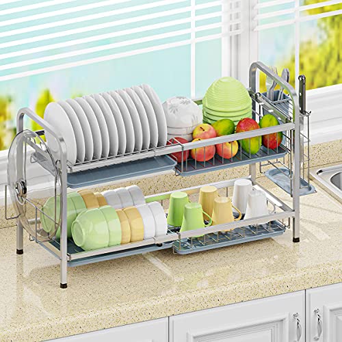 ADOVEL Estante para secar platos con escurridor, estante ajustable de 2 niveles para encimera de cocina, acero inoxidable, color blanco