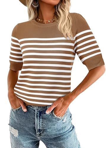 Image of Amkoyam Women's 2025 Short Sleeve Crew Neck T Shirts Casual Striped Ribbed Knit Pullover Sweater Tops