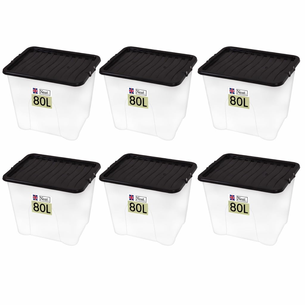 Neat. Plastics Large Plastic Storage Box With Black Clip-On Lids, Durable & Stackable Organizing Box Container For Home, Garage & Office, Set of 6