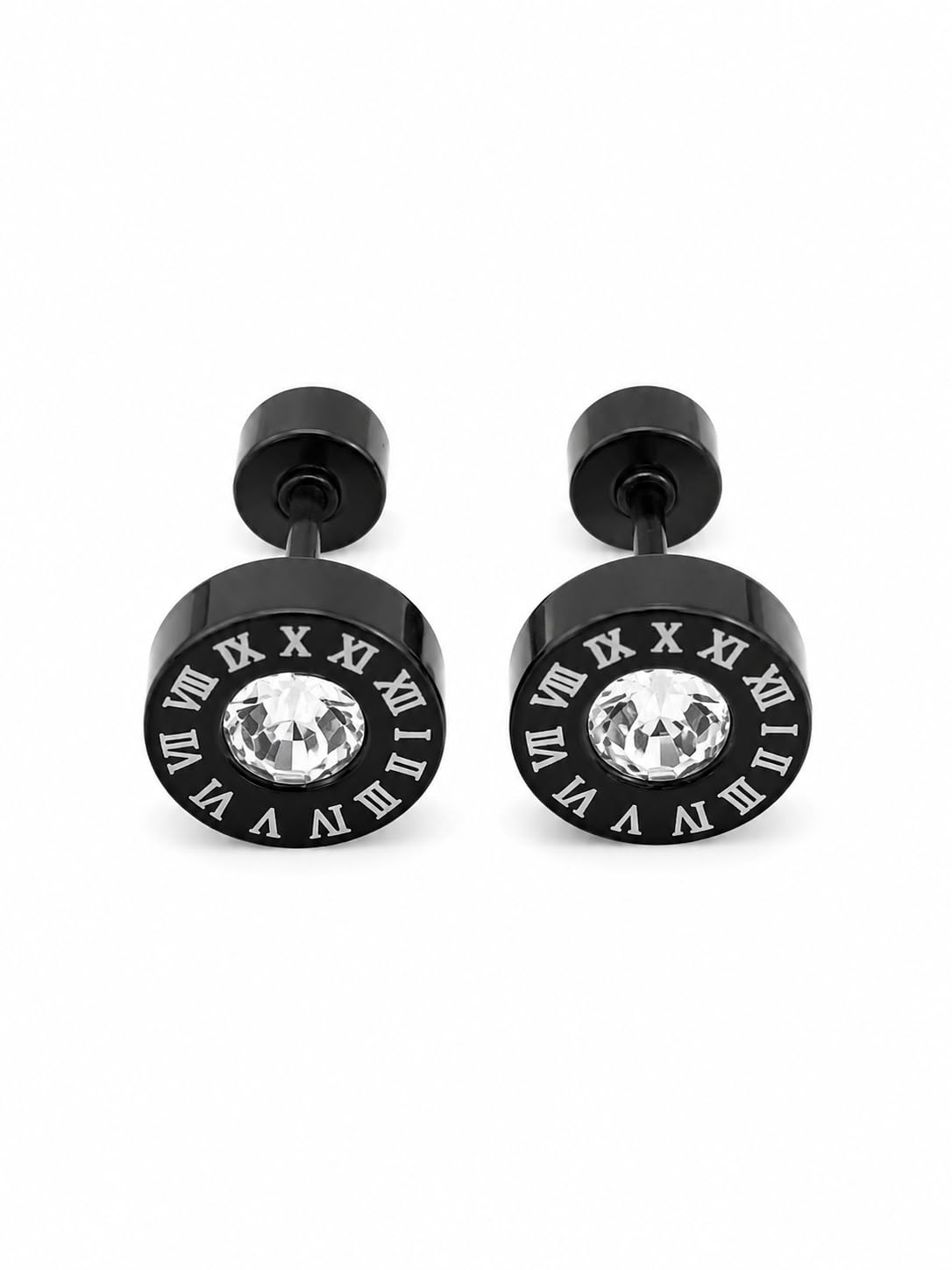 Black Stainless Steel Roman Numeral Stud Earrings with Crystal-image-43