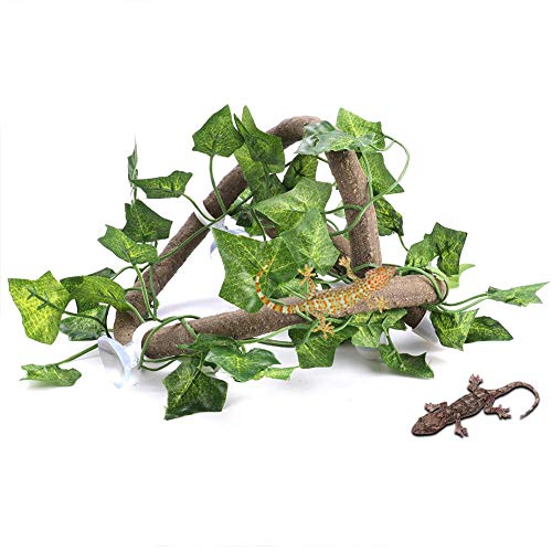 Pssopp Rettile Ramo rampicante Rettile Flessibile Viti Jungle Terrarium Rattan Pet Habitat Decor con Ventose e Foglia realistica per Geco lucertole Camaleonte(3.28ft Rattan + Foglie di