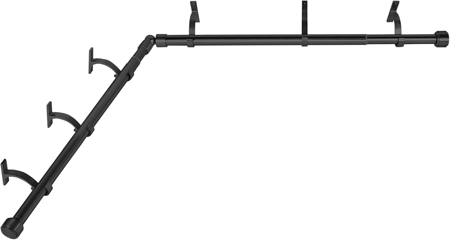 Black Corner Window Curtain Rods with Aluminum End Cap Finials and Brackets,1 Inch Diameter Bay Window Curtain Rods,2 Sided 32-86 Inch Adjustable Drapery Rod 32-86"&32-86"(2 Sided) Black