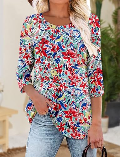 KISSMODA Tunic Tops for Women Loose Fit Dressy Round Neck Pleated 3/4 Length Sleeve Spring Tops