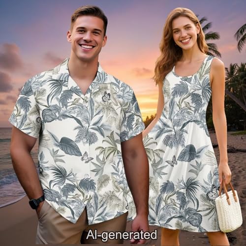 Image of Dreaweet Summer Dresses for Women A-Line Sleeveless Flowy Sun Dresses,Men's Casual Button-Down Shirts,Couple Matching Outfits