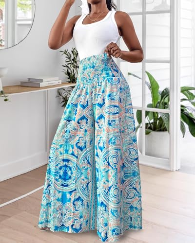 Women's Vintage Boho Maxi Skirts Paisley Floral Print Shirred Elastic High Waist Wide Leg Pants for Vacation Beach2