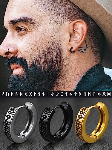 FaithHeart Norse Viking Runes Hoop Earrings for Men Hypoallergenic Stainless Steel Punk Huggie Hoop Earring Sturdy Norse Mythology Jewelry Gifts with Delicate Packaging3