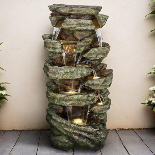 Image of SunJet 59 inch High Multi-Tiers Cascading Rock Outdoor Water Fountain with LED Lights - Large Outdoor Fountains and Waterfalls for Garden or Patio, Yard, and Deck Decor, Featuring Natural Stone Look