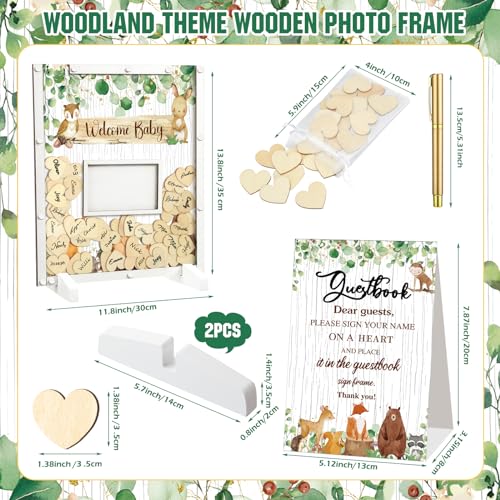 Image of Beeveer 65 Pcs Woodland Baby Shower Guest Book Alternatives Baby Shower Sign in Guest Book Decoration with 1 Photo Frame 60 Heart Wood Slices for 60 Guests Animal Sonogram Frame Keepsake