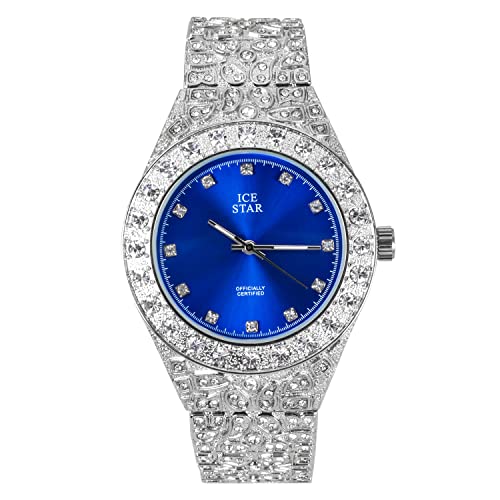 Techno Pave Mens Fully Iced Diamond Watch with Simulated Crystals - 44mm Case Size - Bling-ed Out Nugget Band Fully Adjustable - in Silver Finish