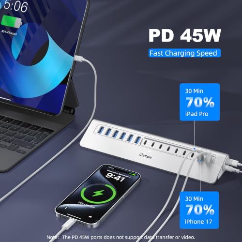 Image of Powered USB Hub 10Gbps, intpw 15-Port USB 3.2 /USB C Hub (6 x USB-A 3.2 + 7 x USB-C 3.2 10Gbps +2 x PD 45W Fast Charging Ports), 3Ft Cable, Aluminum USB Hub for PC /Laptop /iPhone 17 /16 /MacBook Neo