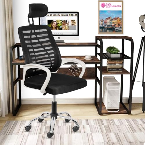 Image of Casa Copenhagen,Mesh Office Desk,Rocking, Ergonomic Computer Chair Adjustable High with Headrest and Comfortable Armrest Swivel Chair - Black & White Handle