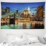 ABAKUHAUS Stadt Wandteppich & Tagesdecke, New York bei Nacht Brücke, aus Weiches Mikrofaser Stoff Wand Dekoration Für Schlafzimmer, 230 x 140 cm, Nachtblau Blasser Kaffee