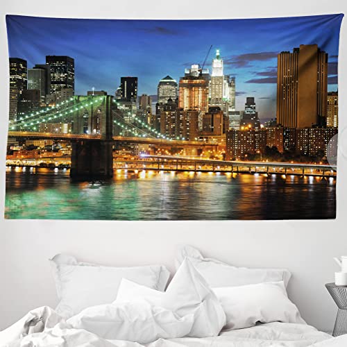 ABAKUHAUS Stadt Wandteppich & Tagesdecke, New York bei Nacht Brücke, aus Weiches Mikrofaser Stoff Wand Dekoration Für Schlafzimmer, 230 x 140 cm, Nachtblau Blasser Kaffee