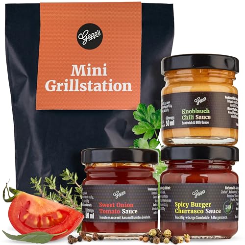 Gepp’s Feinkost Wundertüte Mini Grillstation I Grill-Geschenke für Männer mit BBQ Grillsauce, Whsikey Pfeffer Sauce & Knoblauch Chili Sauce I Grillgewürze...