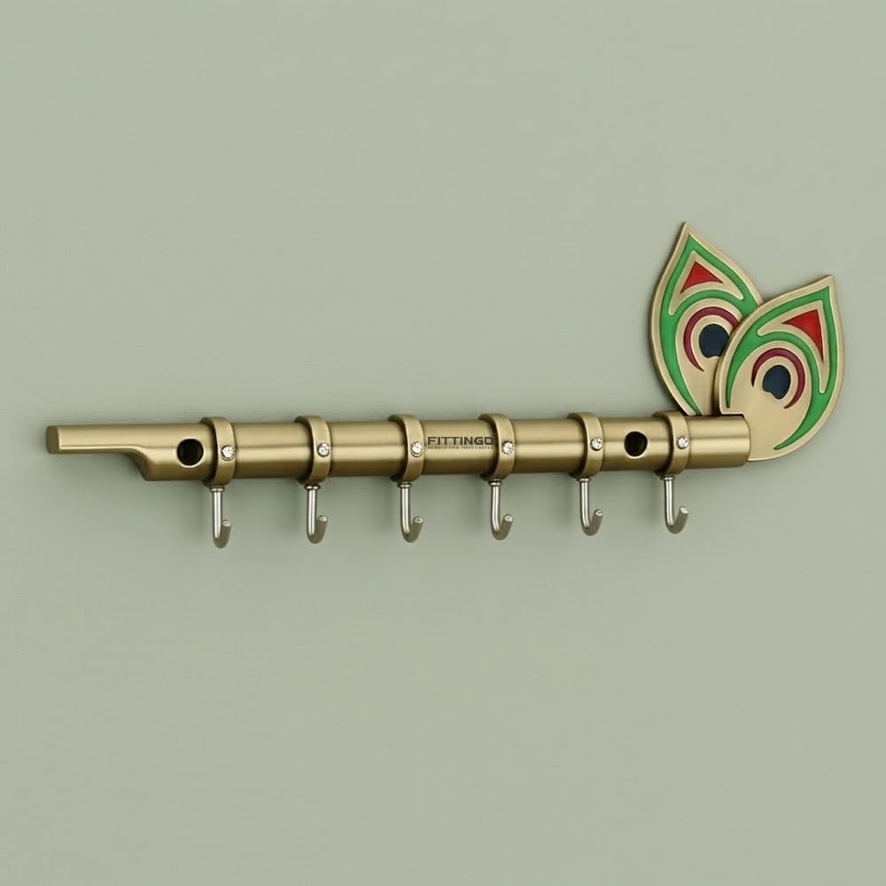 FITTINGO Big Brass Antique Krishna Flute for Key Holder/Key Stand/Keys Hanger Hook/Key Holders for Wall Stylish/Keys Rack Hook/Key Hanging Hooks - Home Decor, Wall Mount - 6 Hooks - (Brass Antique)