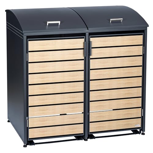Zelsius Mülltonnenbox 2er Mülltonne mit abgerundetem Deckel | 120-240 Liter | Anthrazit RAL7016 | Tür in Holzoptik mit Erweiterungsmöglichkeiten | Mülltonnenhäusschen, Mülleimerboxen