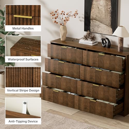Image of Furniway 3 Piece Bedroom Set, 8 Drawer Dresser and 3-Drawer Nightstand Set of 2 with Gold Handles, Mid-Century Modern Wood Chest of Drawers Storage Cabinet for Bedroom, Walnut