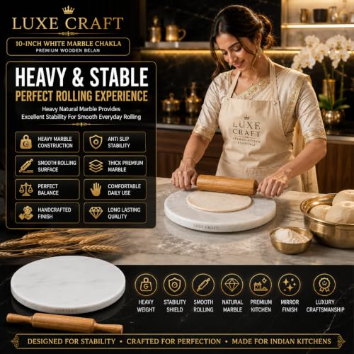 Image of 10 Inch White Marble Chakla Belan Set with Wooden Rolling Pin | Marble Roti Rolling Board | Chapati Maker Phulka Maker & Paratha Making Board | Heavy Duty Smooth Finish Stone Chakla for Home & Kitchen