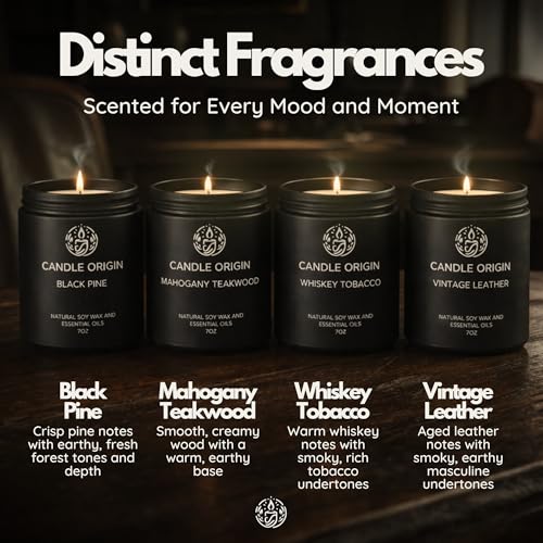 Image of Mahogany Teakwood Candles for Men Gift Set - 4 Pack 7oz Soy Wax with Whiskey Tobacco, Vintage Leather & Black Pine, Masculine Scented Candles, Premium Gift for Him, Man Cave & Office Decor