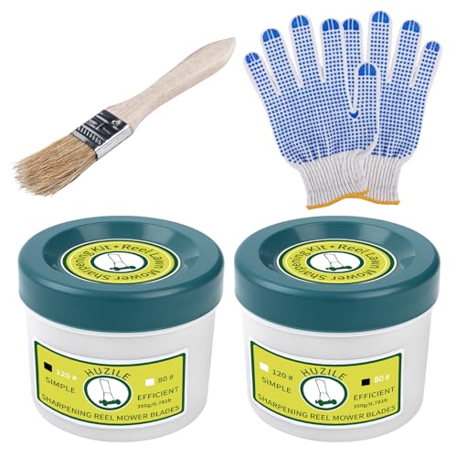 huzile 2PCS Reel Lawn Mower Sharpening Kit 80 Grit and 120 Grit Compound Sharpening Kit Backlapping Compound for Manual Reel Mower Glove and Brush