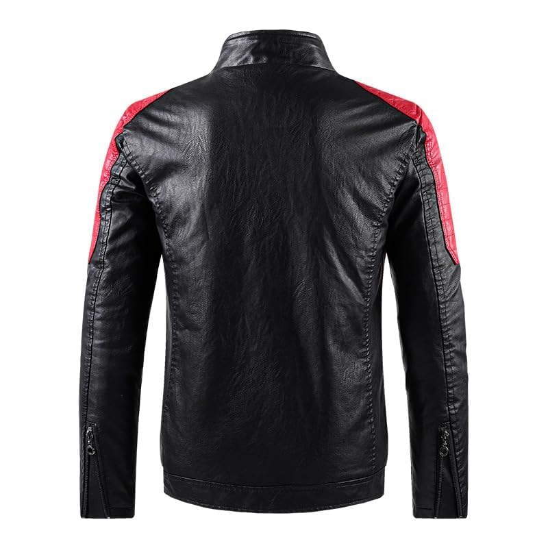 Men's Stand Collar Leather Jacket Fall Trendy Color Block Motor Biker Jacket Full Zip Outerwear Coats S-5XL2