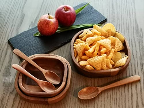 Tiny Acacia Wood Nesting Square Set 3 Serving Bowl 6¼”, 5½”, 4½” Small 3 Wooden Spoon Mix Size Stackable Little Dish For Snack, Nuts, Dip Sauce, Salsa, Small Salad Tableware Wooden Nest Mix Set Bowls #TOP2