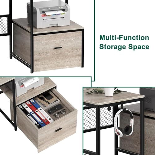 AYEASY L Shaped Desk with Drawers, 66" Home Office Desk with Power Outlet and Led Strip, Computer Desk with Storage Shelves & Monitor Stand, Large Corner Desk Gaming Desk, Grey — view 5