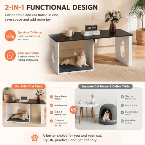 Image of WLIVE Coffee Table-Cat House with Cat Scratcher Pad + Ball, White